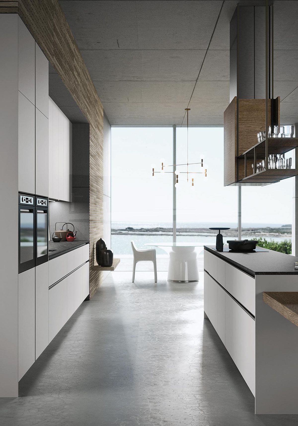Recessed finger pulls and handleless doors shape a lovely minimal kitchen