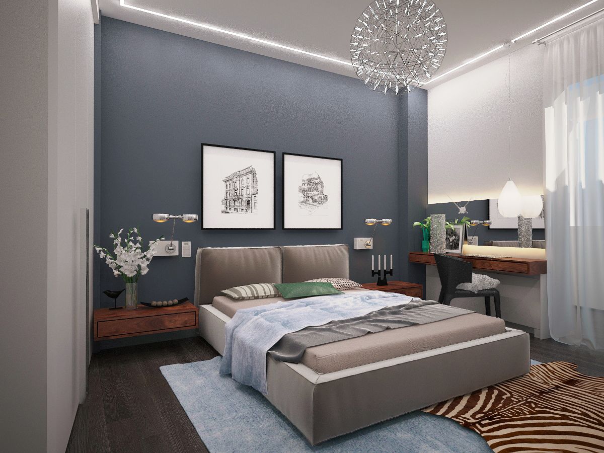 Relaxing and sophisticated bedroom design with shades of gray and wooden sidetables