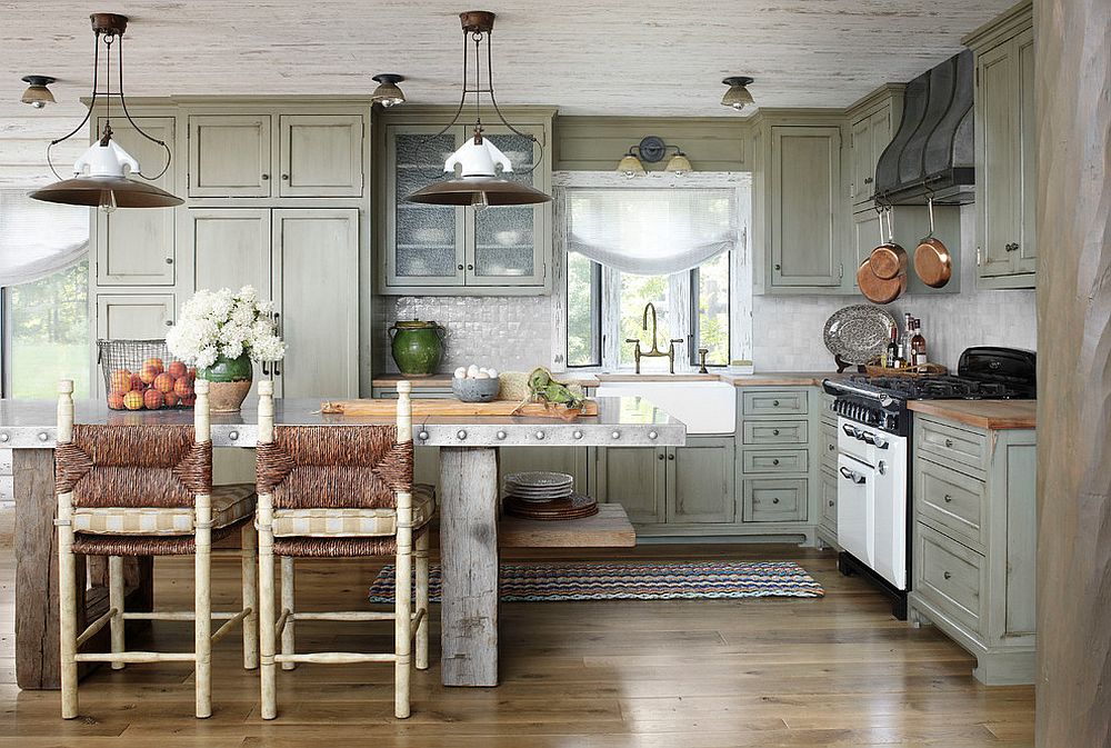 Rustic kitchen with a cool metallic central island