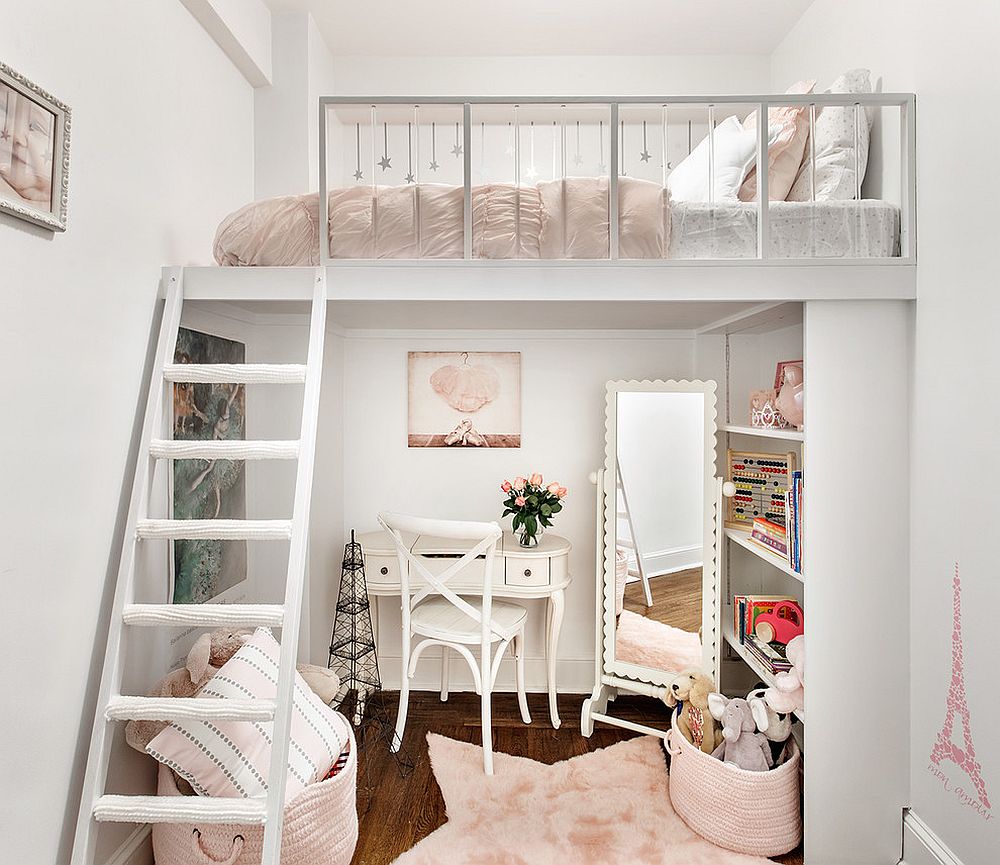 Small and stylish kids' loft bedroom and homework zone underneath [Design: Shana Dee Nursery Décor]