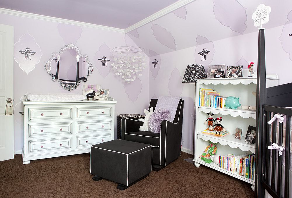 Smartly decorated nursery in shades of purple and a beautiful ceiling