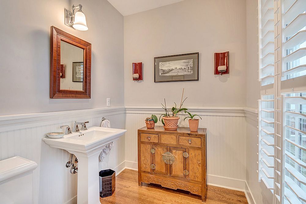 Spacious powder room moves away from the usual, tiny spaces [Design: Echelon Homes LLC]