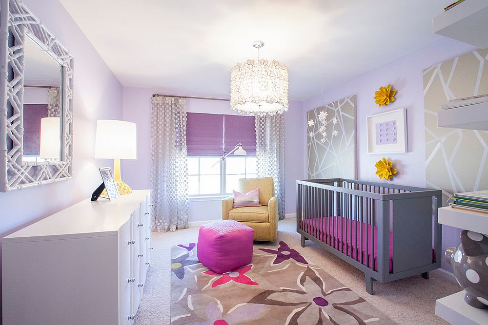 Spacious transitional nursery with splashes of bright purple [Design: Lucy and Company / Photography: Mekenzie France]