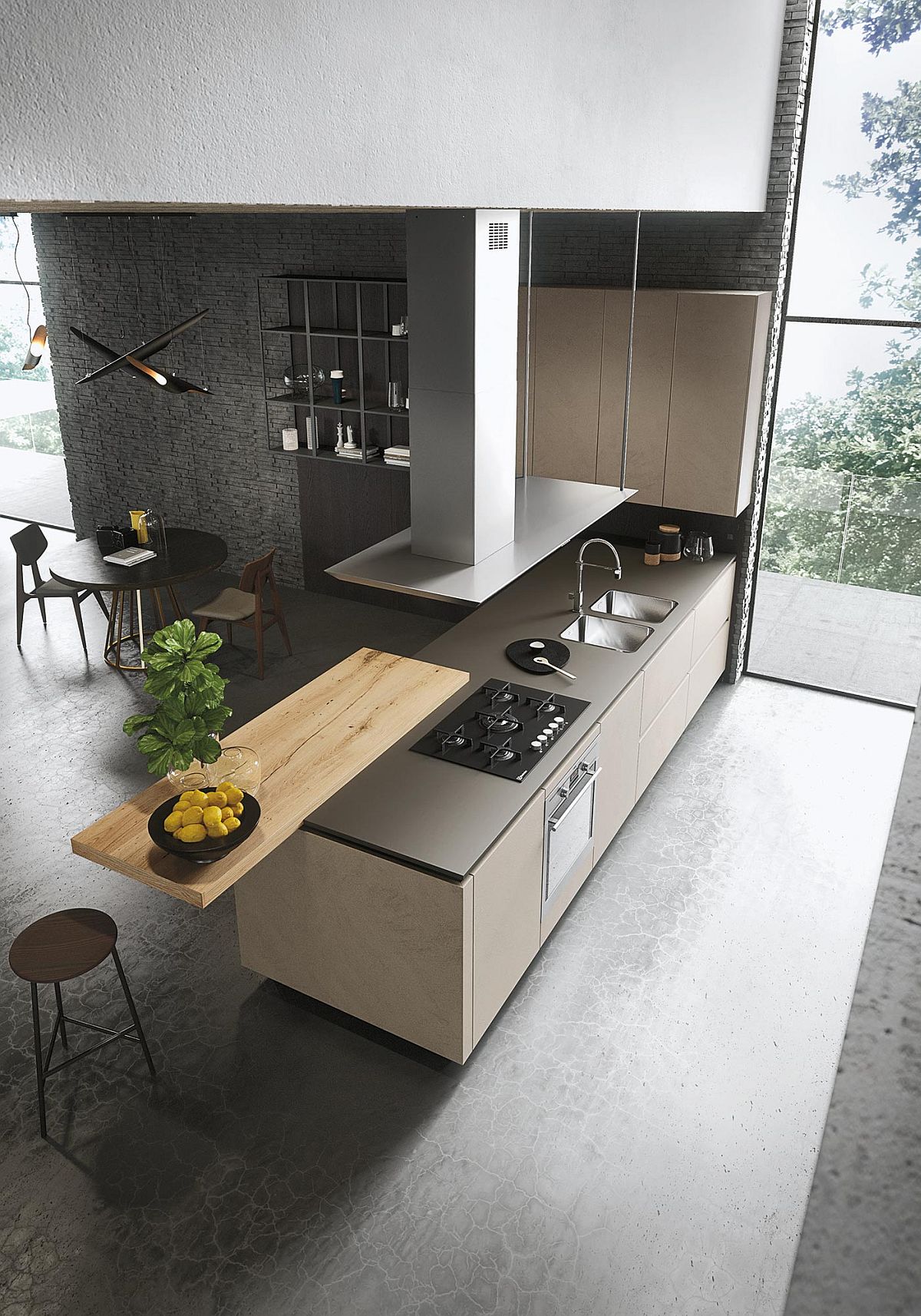 Standalone wooden attachment to the kitchen island can be used in a variety of ways