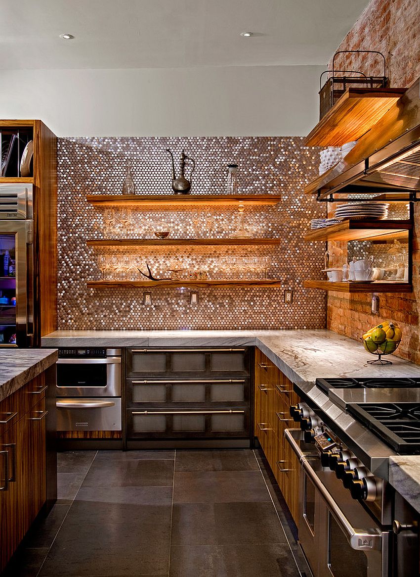 Striking copper penny tile backsplash by Casale Tile