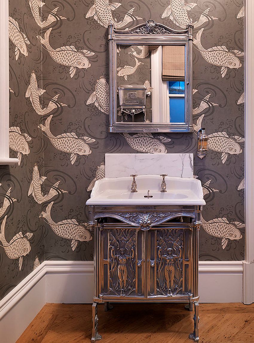 There is definitely something fishy about this Victorian powder room wallpaper [Design: Jamie Hempsall Ltd]