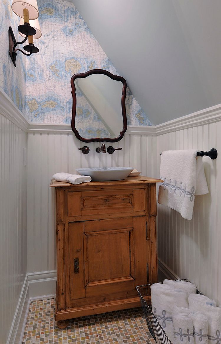 Tiny powder room of New York home with Modern Victorian style