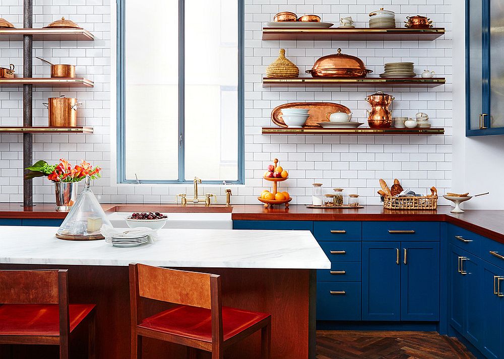 light blue and copper kitchen