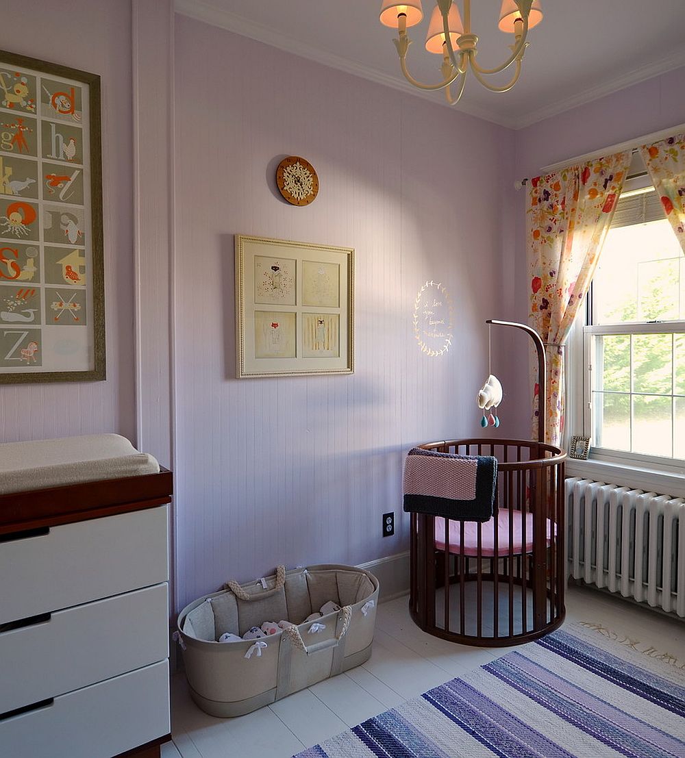 Trendy Scandinavian nursery with Peace and Happiness 1380 Paint from Benjamin Moore on the wall