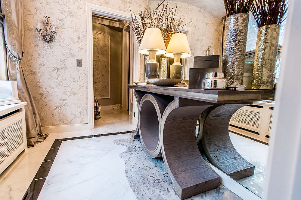 Unique vanity and dramatic accessories for the spacious powder room