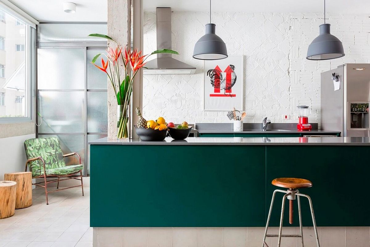 Vivacious kitchen with a wide array of textures and bold splash of color