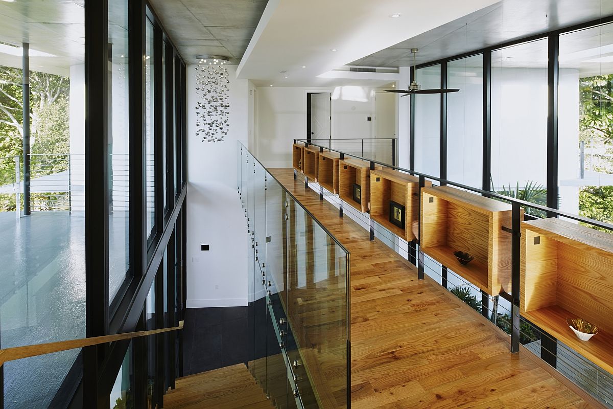 Walkway and nifty wooden display units on the top level