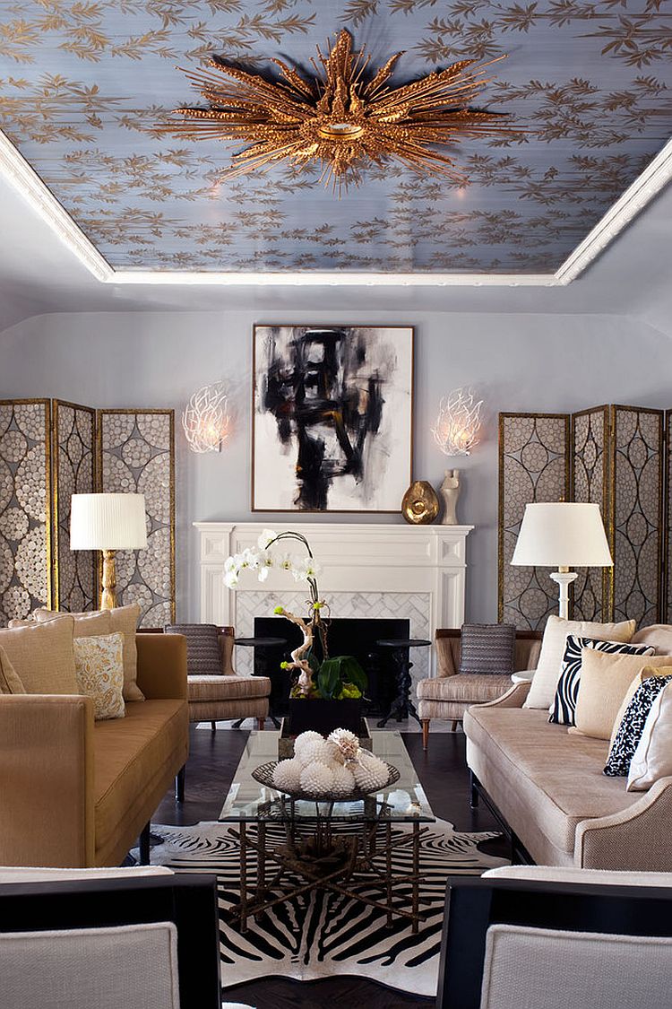 Wallpaper and mirror on the ceiling complete a stunning living room [Design: Elizabeth Gordon]