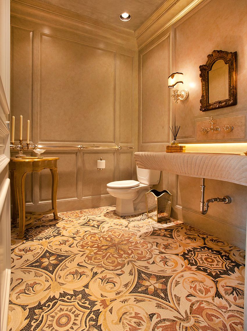 Warm and cozy powder room with a hint of golden glint!