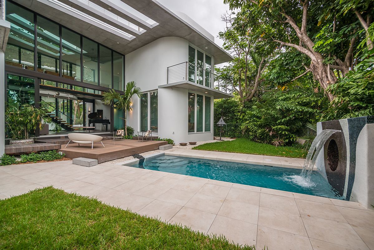 Water feature at the end of the pool