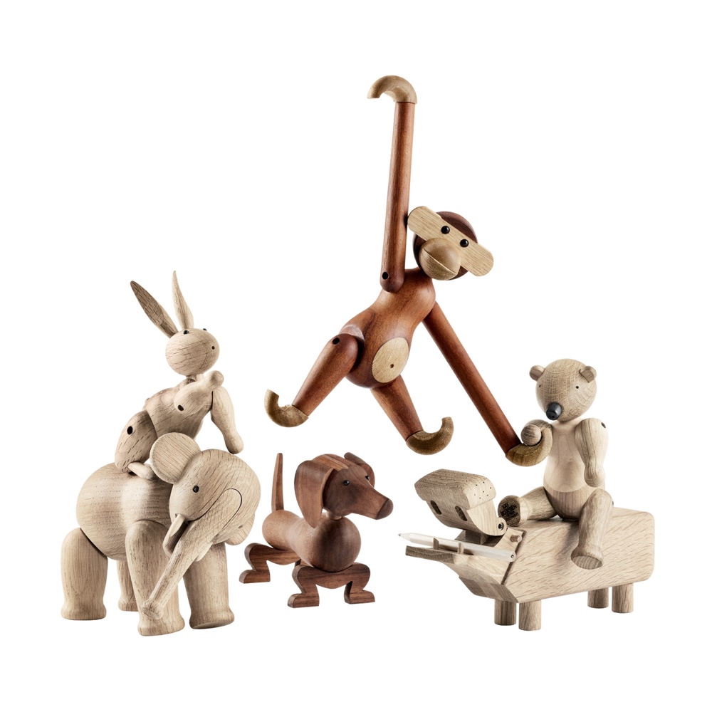 Wooden animals (left to right): The Rabbit (1957), the Elephant (1953), the Dachshund (1934), the Monkey (1951), the Hippo (1955) and the Bear (1952).