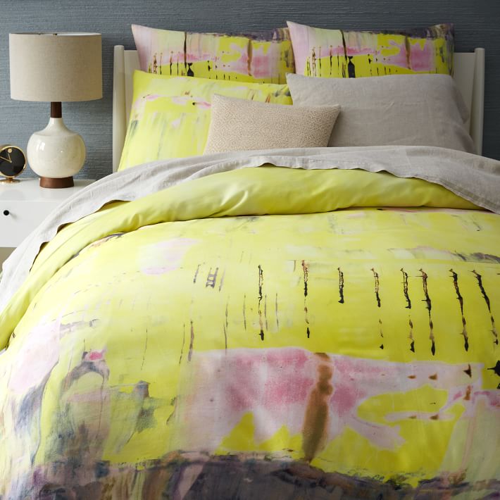 Yellow organic bedding from West Elm