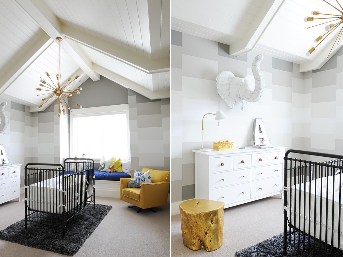 Mooie kinderkamer in grijs met goud en gele accenten 