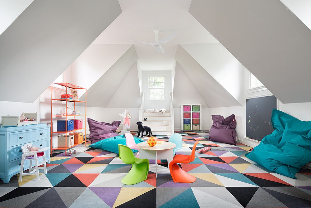 Attic playroom with a flooring that replaces the traditional rug