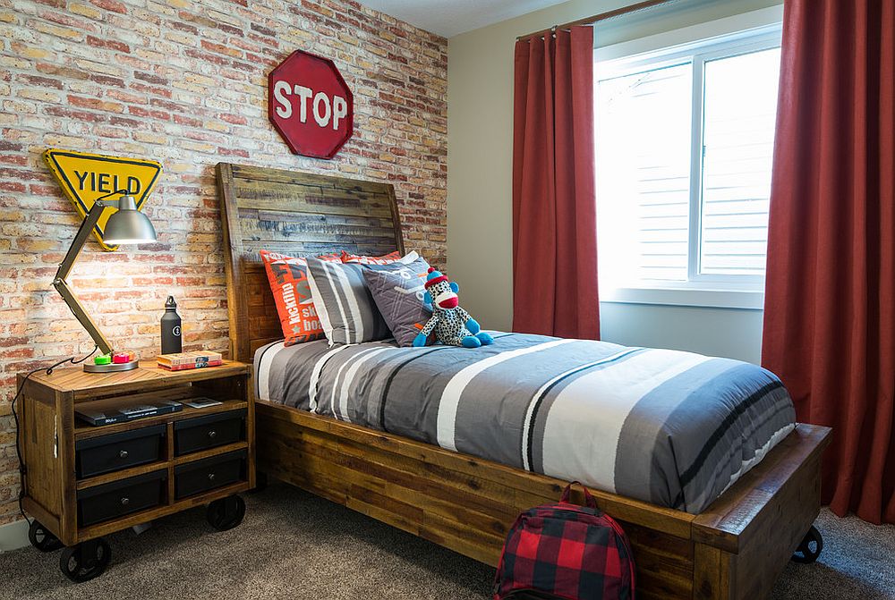 Awesome industrial kids' room with bed and nightstand on wheels [Design: Rochelle Cote Interior Design]