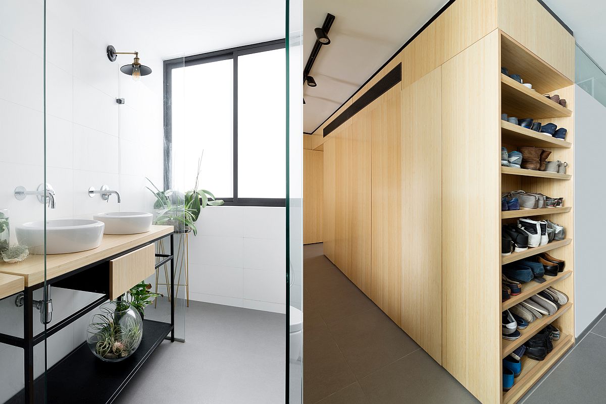 Bathroom in white and shoe storage space iniside the custom L-shaped bamboo unit