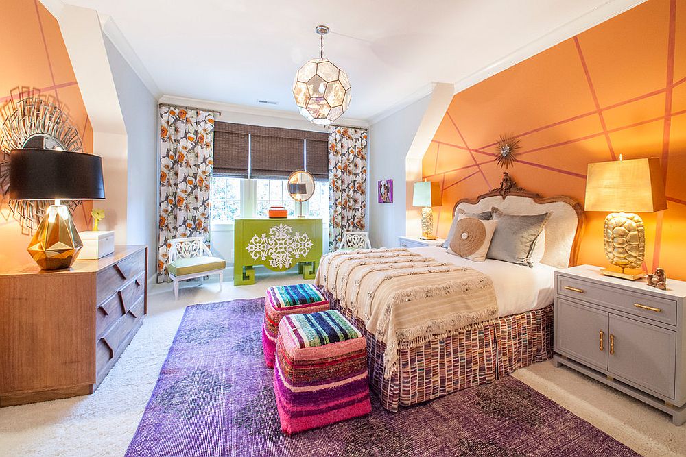 Beautiful purple rug seems almost understated when put in the busy kids' room