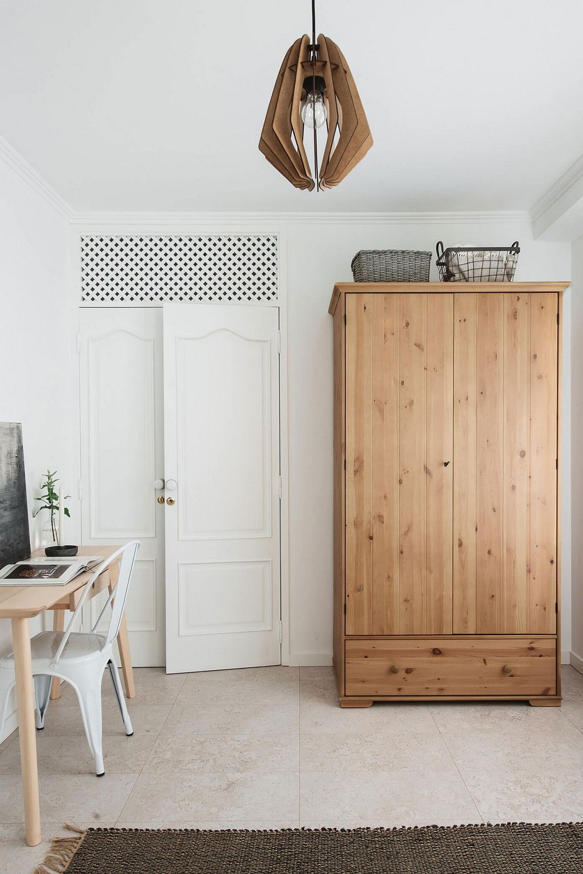 Bedroom workspace and wooden wardrobe