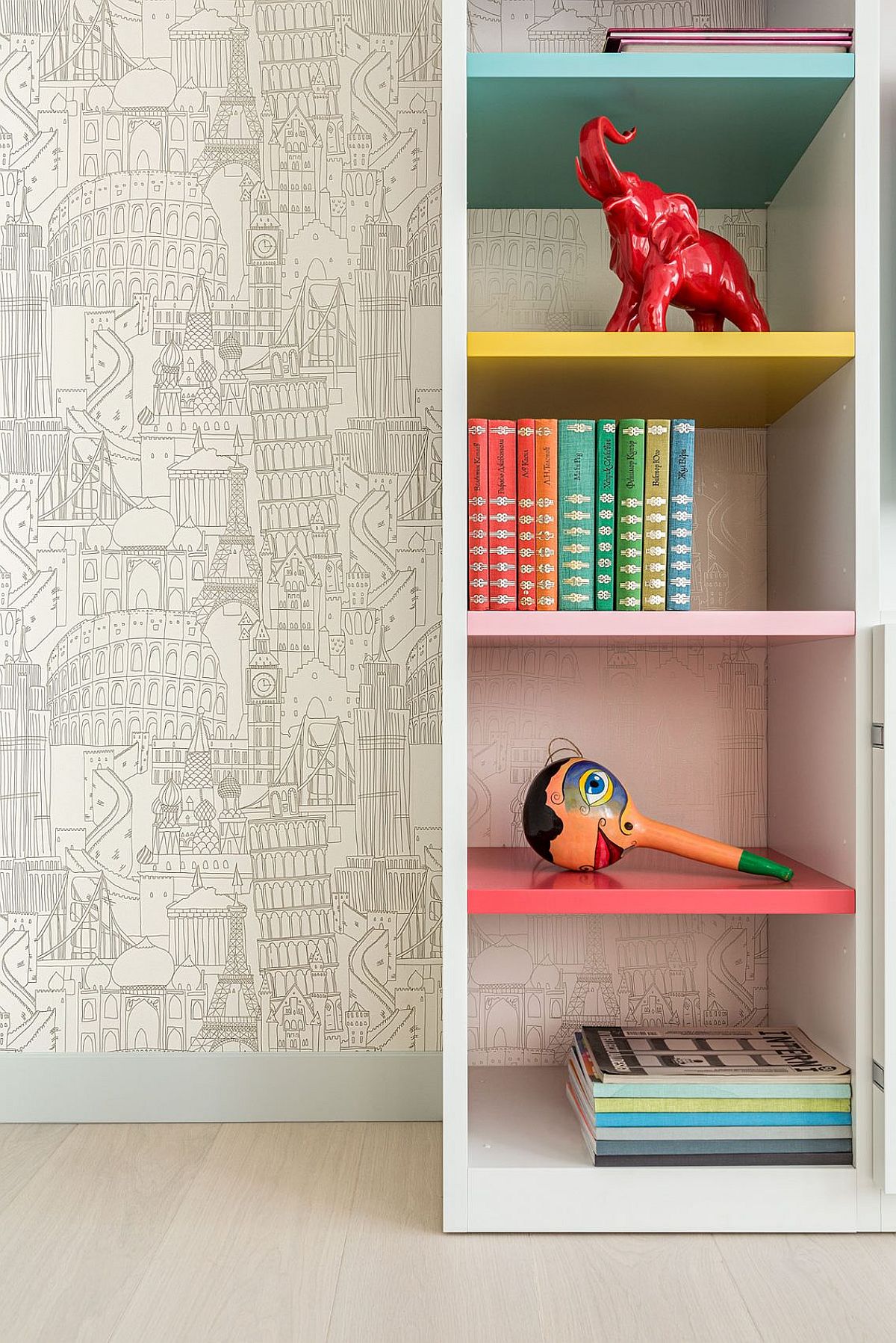 Books and accessories add color to the neutral interior