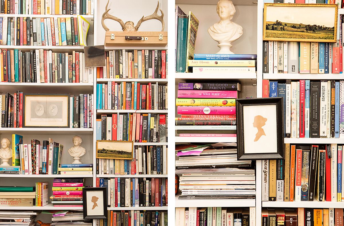 Bookshelf wall becomes the instant focal point of the living space