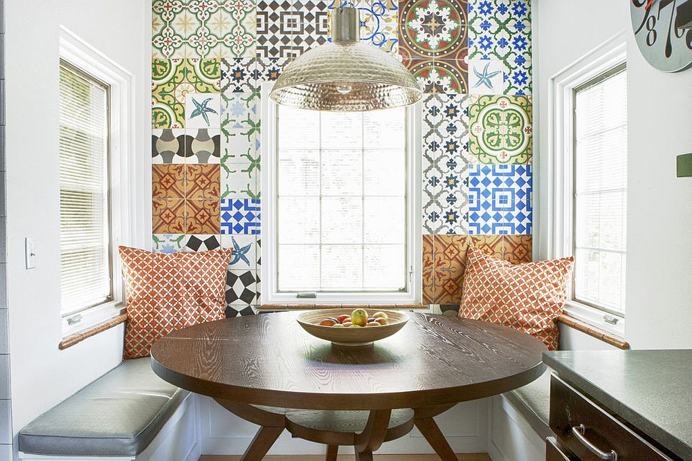 Breakfast nook with an inimitable backdrop made of patchwork tiles [From: Design Platform / Jody and Zach Zorn Photographers]