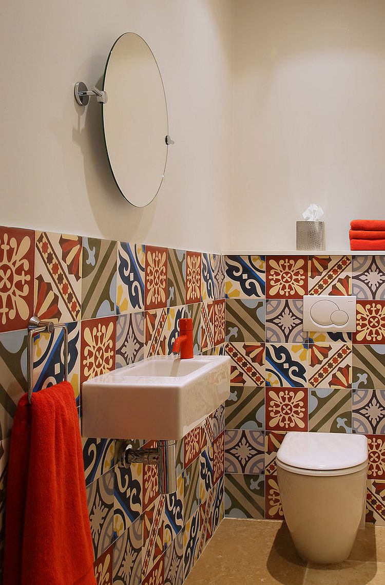 Cheerful and bright patchwork of colorful tiles is ideal for the Mediterranean powder room