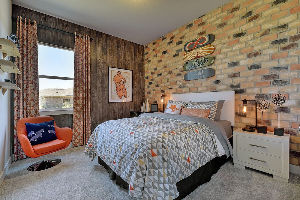 Chic midcentury kids' room with brick wall and a neutral color palette [Design: Twist Tours Photography]