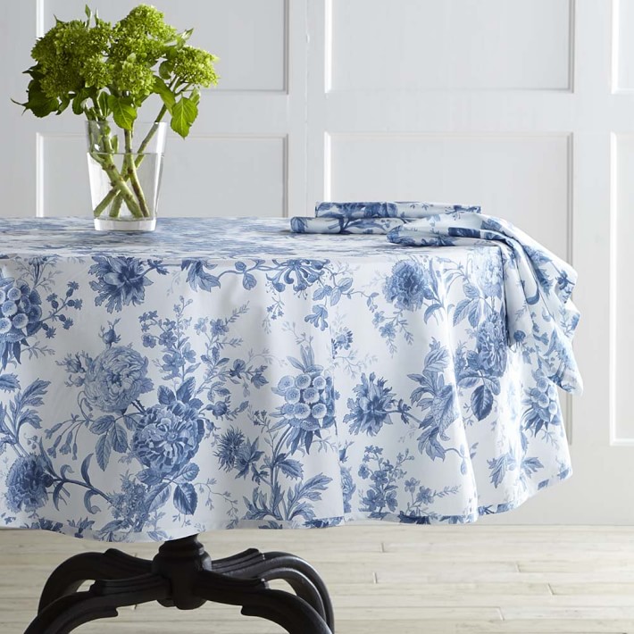 Classic blue and white round tablecloth from Williams-Sonoma