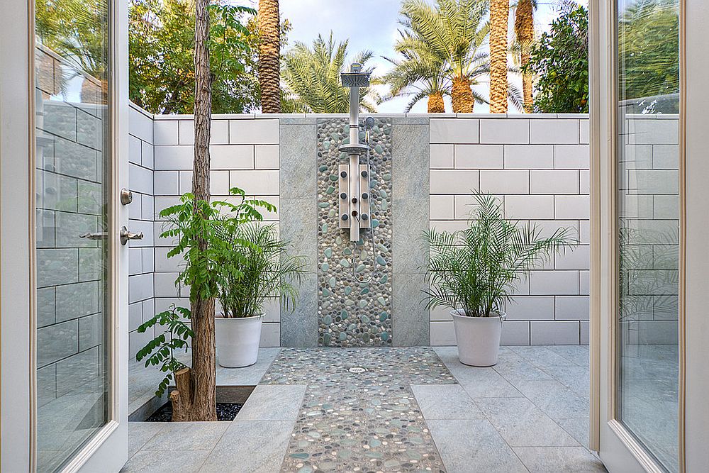 Contemporary outdoor shower is simple and elegant