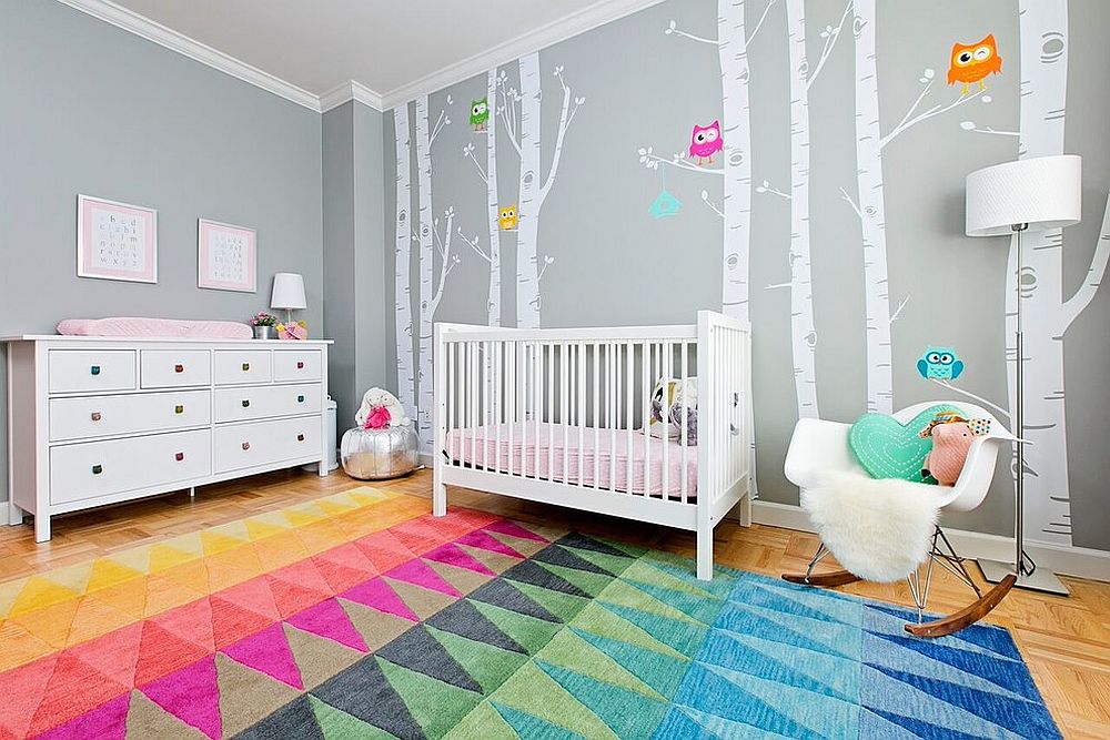 Custom rug and wall decals from YDC Design for the contemporary nursery