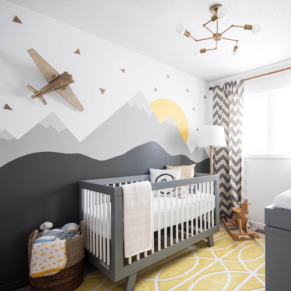 Custom wall mural combines just a hint of yellow with shades of gray [Design: Leclair Décor / Photo: Sacha Leclair]