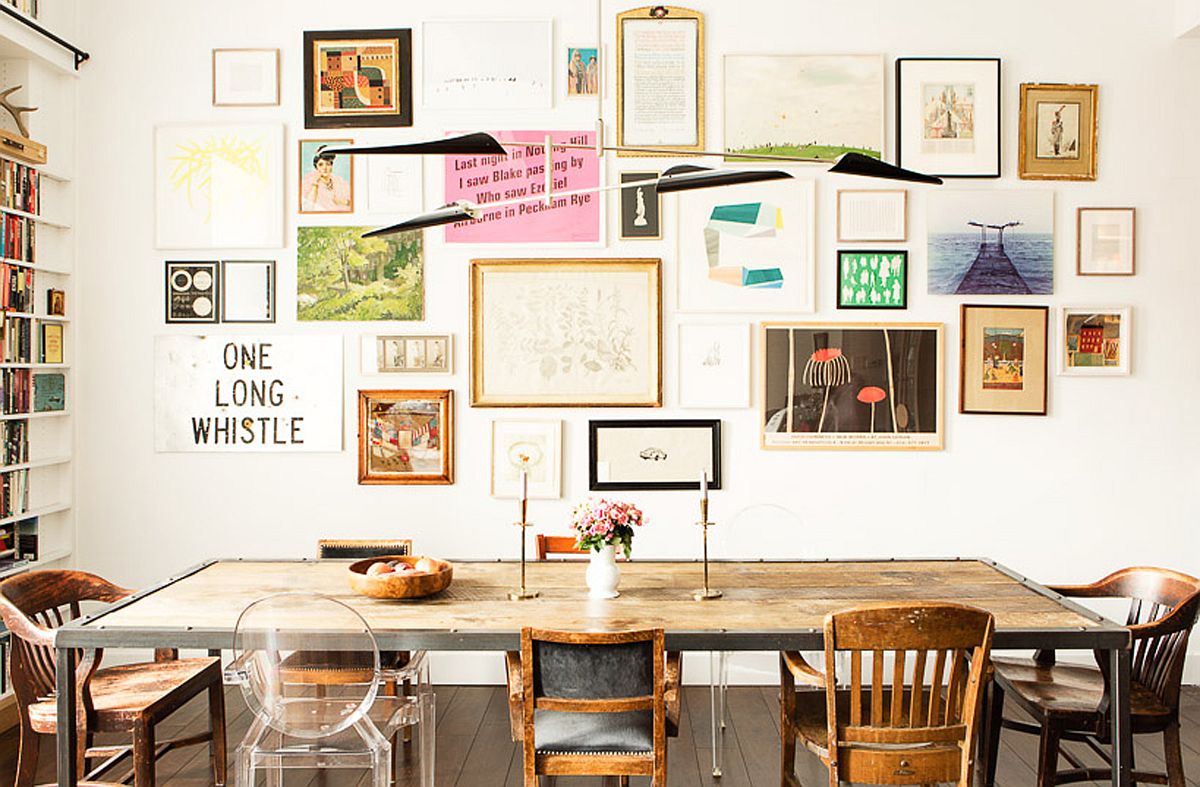 Dining area of the open living with wall art on display