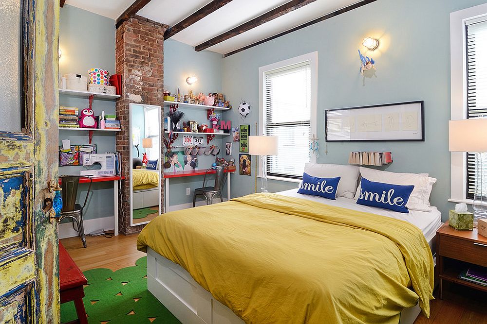 Eclectic kids' room makes smart use of the small section of brick wall [Design: Hudson Place Realty]