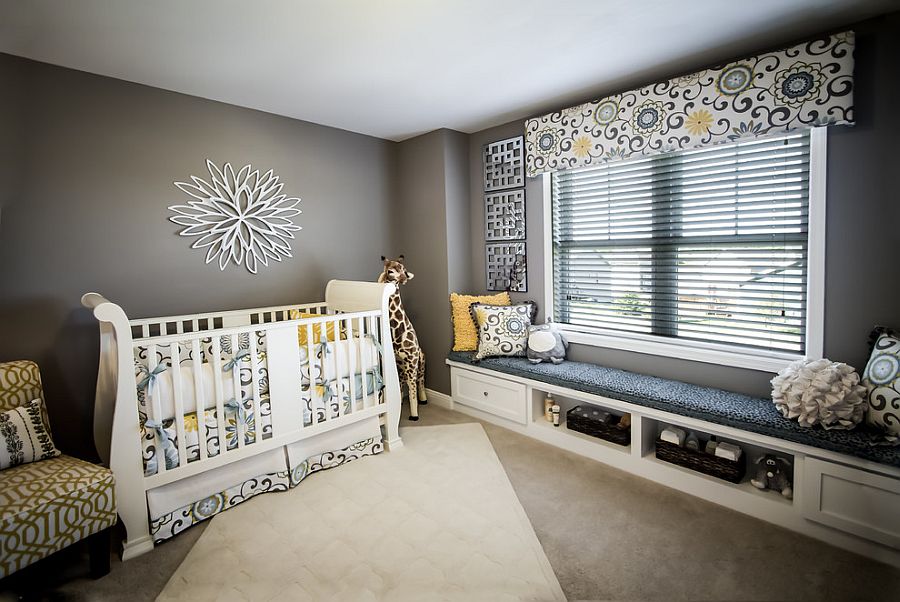 Even the smallest hints of yellow shine through brightly in a nursery with neutral gray backdrop [Design: Veridian Homes / Photography: Jaclyn Tyler]