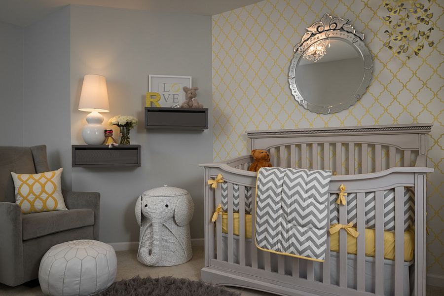 Fabulous wallpaper brings yellow to the gray nursery in style [Design: Samantha Culbreath / Beckwith Interiors / Photography: Chip Pankey]