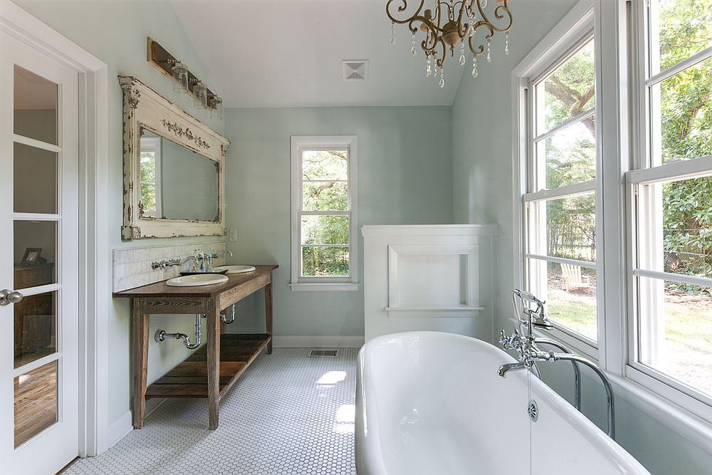 Farmhouse style bathroom with open vanity