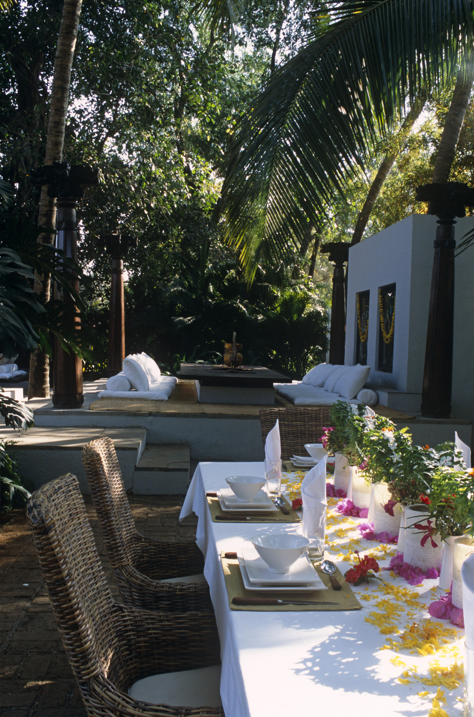 Festive table in an outdoor oasis