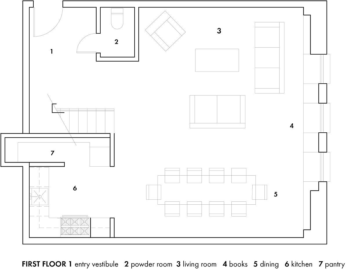 First level floor plan of the Brooklyn Heights Loft by Elizabeth Roberts Architecture