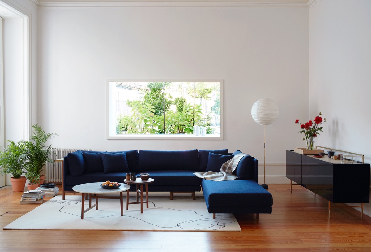 Frame Sofa, Trunk Low Cabinet, Trio Side Table and Trio Round Coffee Table with marble top