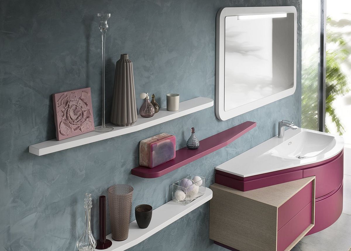 Fuchsia vanity with white countertop and matching floating shelves in the bathroom