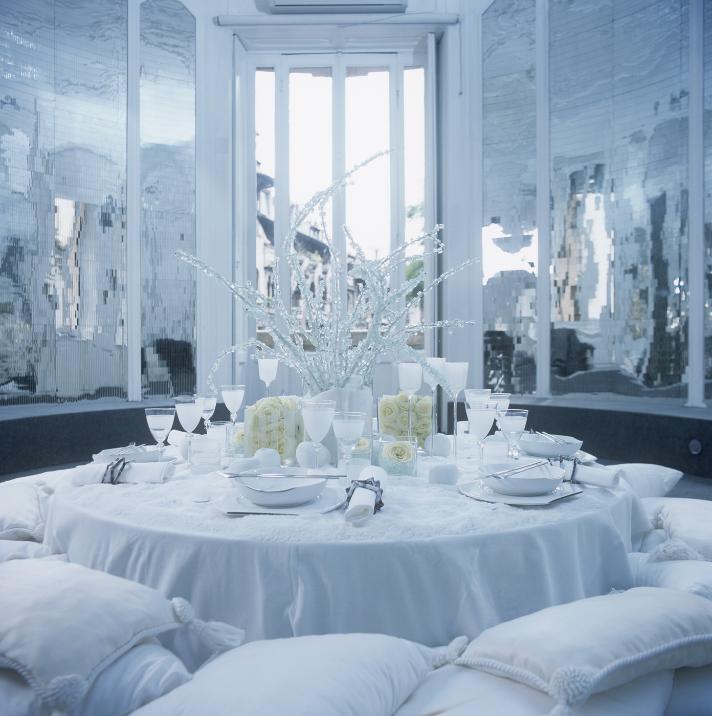 Glamorous white-on-white dining room palette