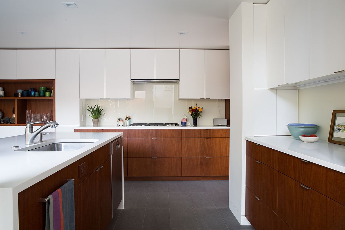 Gorgeous mahogany paneling adds wooden warmth to the interior of the remodeled San Francisco home