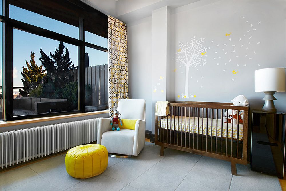 Gray, yellow and white modern nursery with a cool ambiance