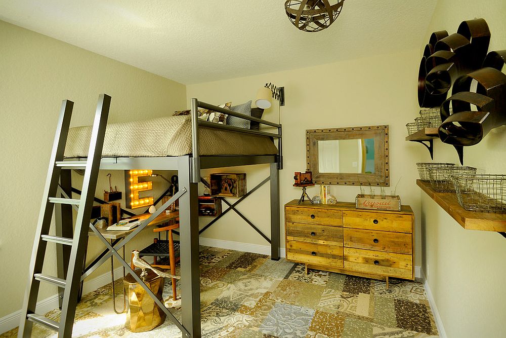 Industrial kids' bedroom with flooring that brings together different tiles [Design: Lisa Michael interiors]