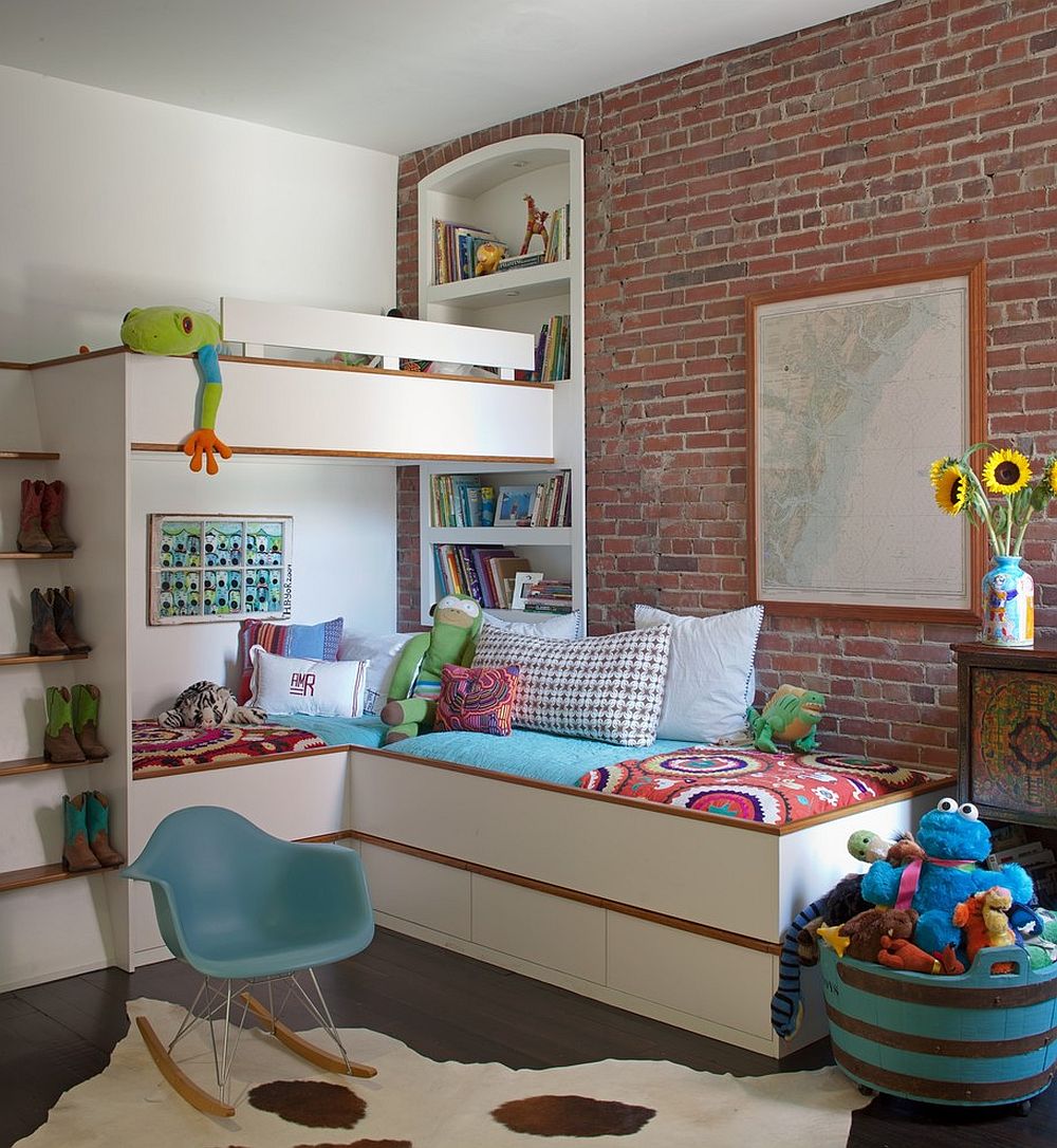 Industrial kids' bedroom with loft beds [Design: Savannah Surfaces]